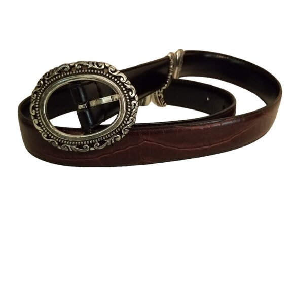 Reversible Women's Brown & Black Leather Belt, Scrollwork Buckle Mock Crock Boho - Picture 2 of 13